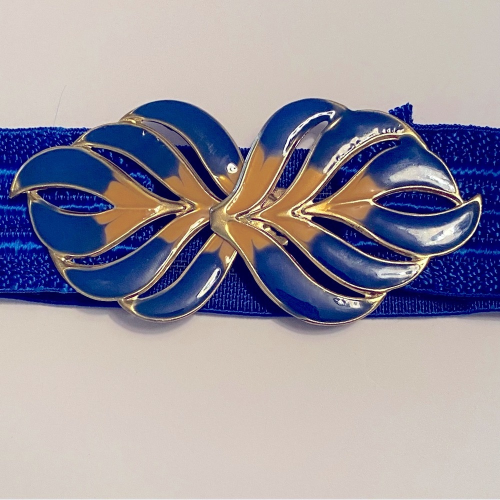Elegant Vintage Blue Elastic Belt with Gold Accent